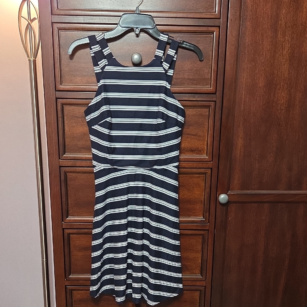 By & By Navy and White Striped Dress With Double Straps Juniors M